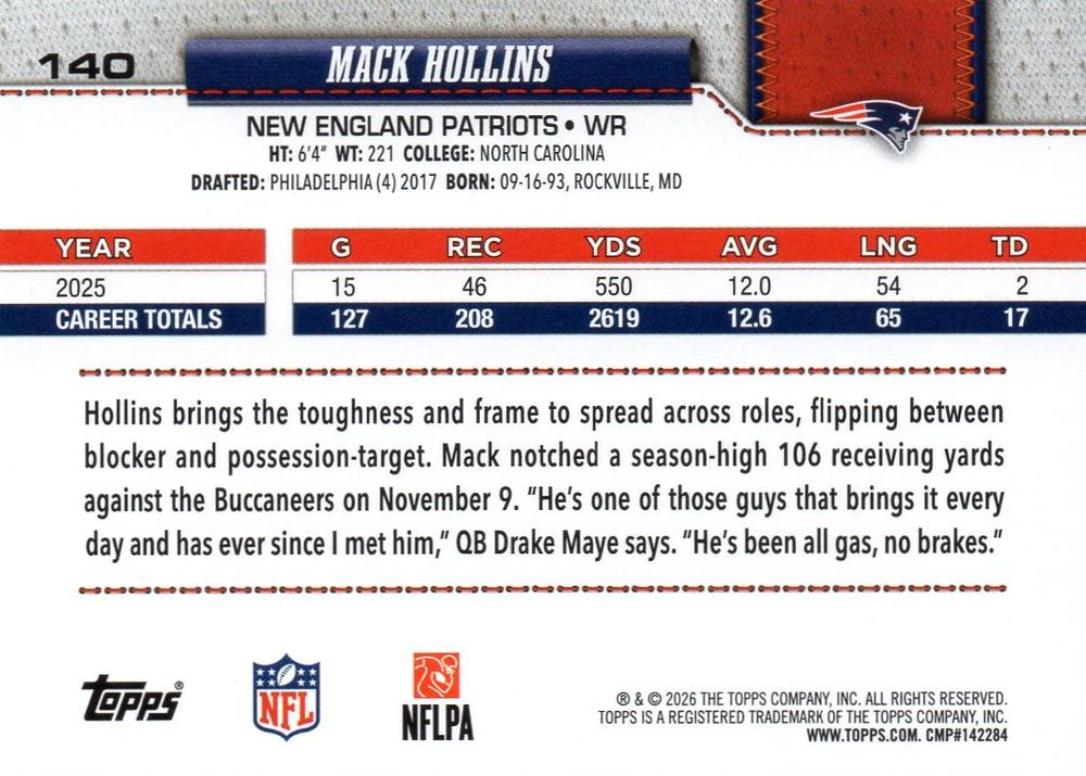 2026 Topps Flagship Mack Hollins #140 New England Patriots