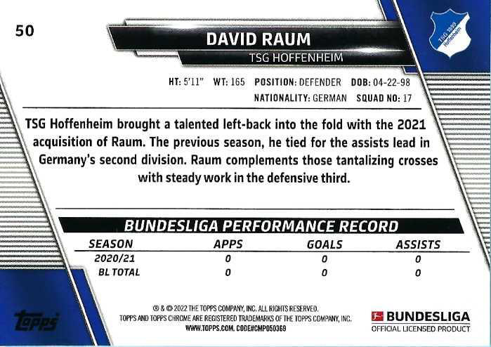 2021 Topps Chrome Bundesliga David Raum RC #50 TSG 1899 Hoffenheim