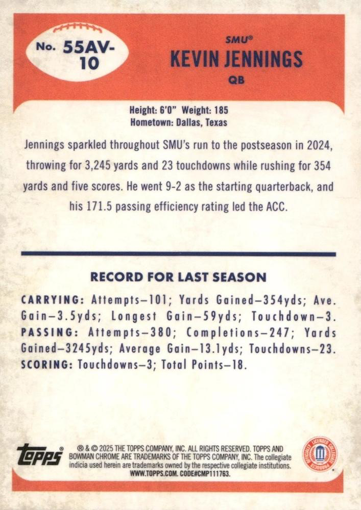 2025 Topps Bowman U Chrome 1955 Kevin Jennings #55AV-10 SMU Mustangs