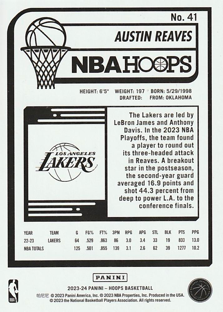 2023 Panini Hoops Austin Reaves #41 Los Angeles Lakers