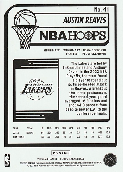 2023 Panini Hoops Austin Reaves #41 Los Angeles Lakers