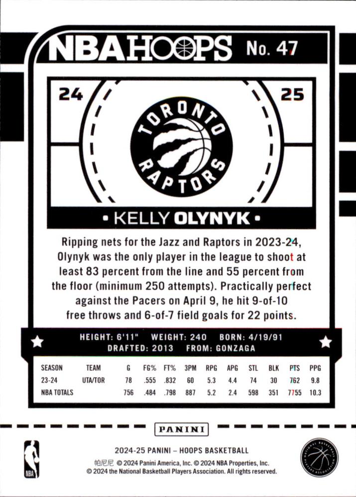 2024 Panini Hoops Kelly Olynyk #47 Toronto Raptors