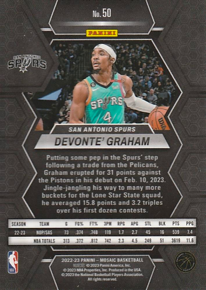 2022 Panini Mosaic Devonte' Graham #50 San Antonio Spurs