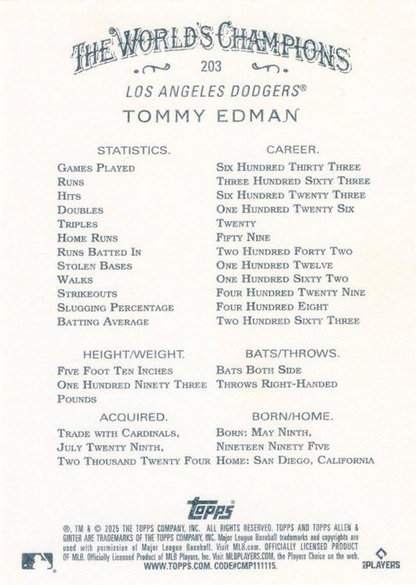 2025 Topps Allen & Ginter Tommy Edman #203 Los Angeles Dodgers