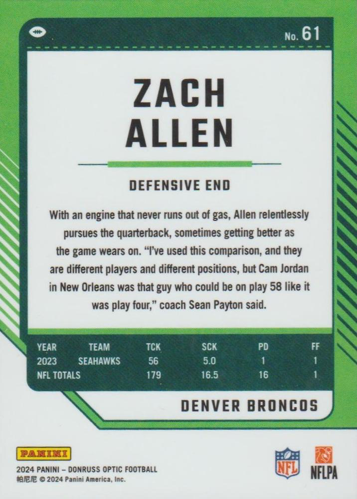 2024 Donruss Optic Football Zach Allen Denver Broncos #61