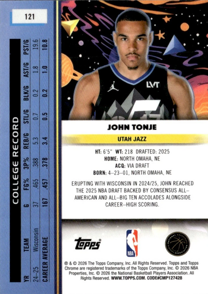 2025 Topps Chrome Cosmic John Tonje RC #121 Utah Jazz