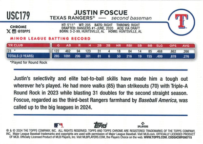 2024 Topps Chrome Update X-Fractor Parallel Justin Foscue RC Texas Rangers #USC179