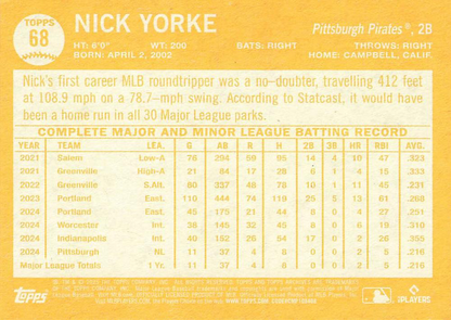 2025 Topps Archives Nick Yorke RC #68 Pittsburgh Pirates