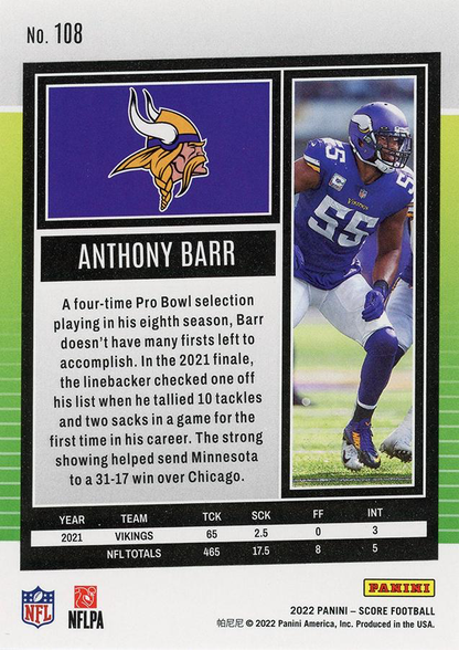 2022 Panini Score Anthony Barr Minnesota Vikings #108