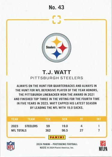 2024 Panini Photogenic T.J. Watt #43 Pittsburgh Steelers