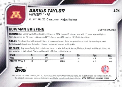 2025 Topps Bowman U Chrome Darius Taylor 1st #126 Minnesota Golden Gophers