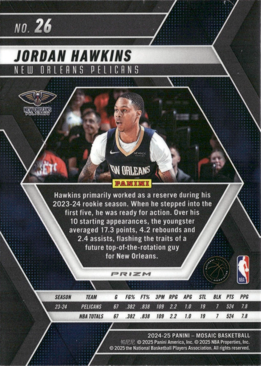 2024 Panini Mosaic Silver Prizm Jordan Hawkins #26 New Orleans Pelicans