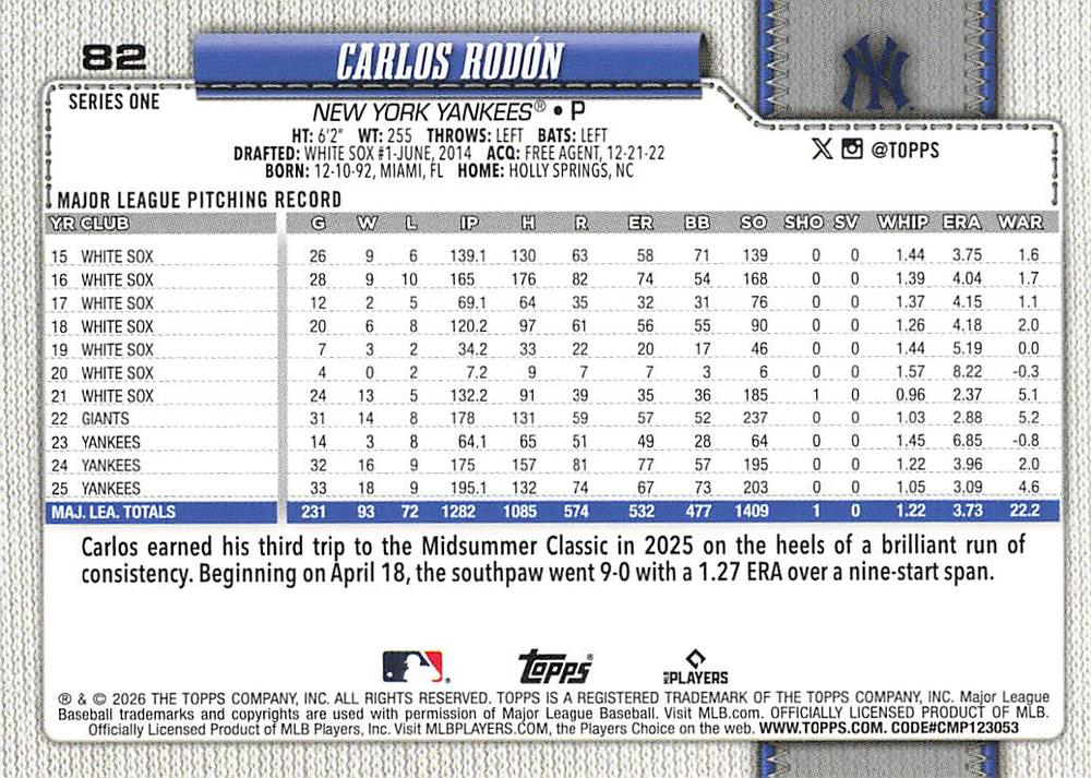 2026 Topps Series 1 Carlos Rodon #82 New York Yankees