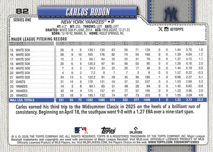 2026 Topps Series 1 Carlos Rodon #82 New York Yankees