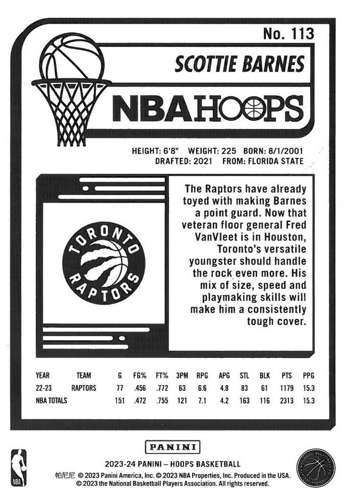 2023 Panini Hoops Scottie Barnes #113 Toronto Raptors