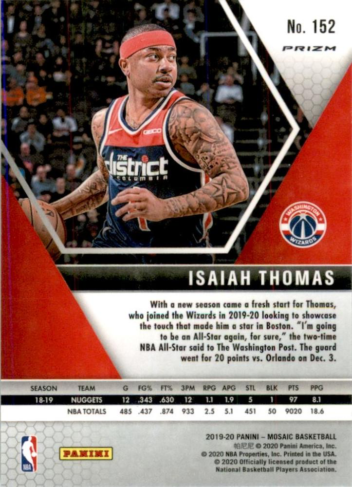 2019 Panini Mosaic Green Prizm Isaiah Thomas #152 Washington Wizards