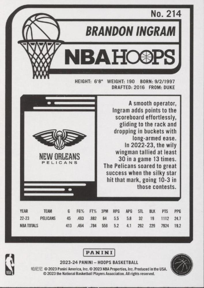 2023 Panini Hoops Brandon Ingram #214 New Orleans Pelicans