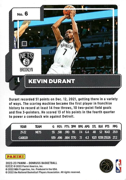 2022 Panini Donruss Kevin Durant #6 Brooklyn Nets