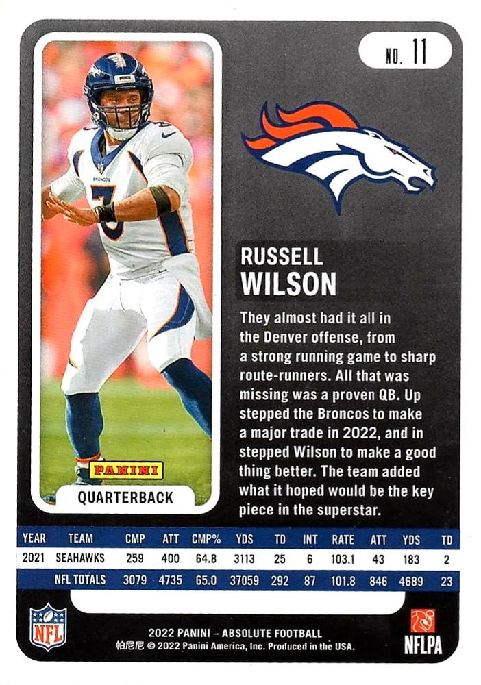 2022 Panini Absolute Russell Wilson #11 Denver Broncos