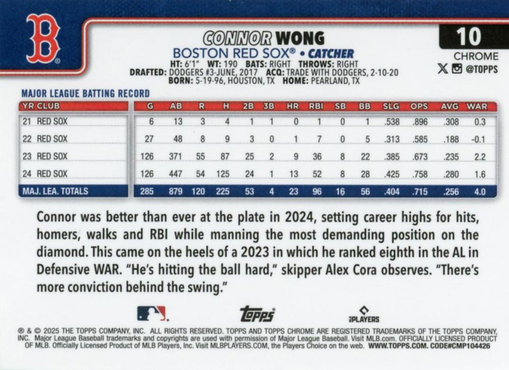 2025 Topps Chrome MLB Connor Wong #10 Boston Red Sox