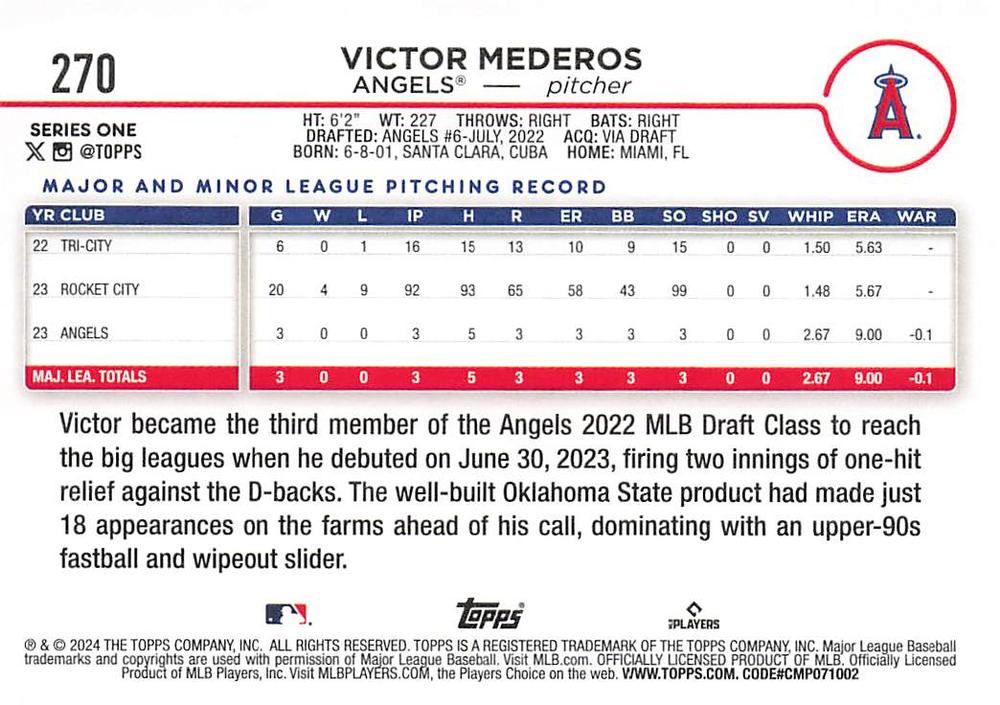2024 Topps Series 1 Victor Mederos RC Los Angeles Angels #270