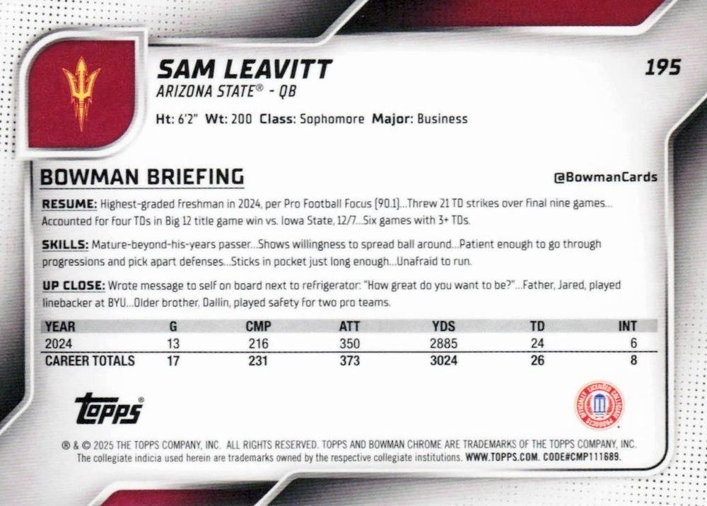 2025 Topps Bowman U Chrome Sam Leavitt 1st #195 Arizona State Sun Devils