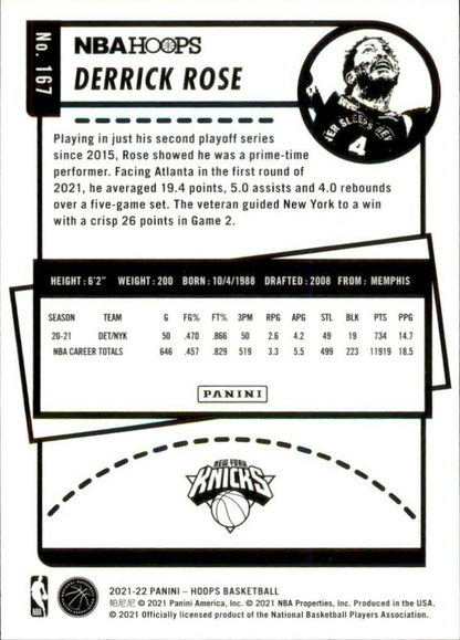 2021 Panini Hoops Derrick Rose #167 New York Knicks