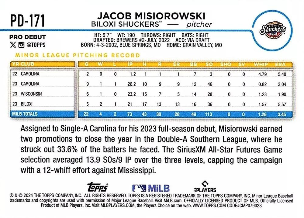 2024 Topps Pro Debut Jacob Misiorowski #PD-171 Biloxi Shuckers