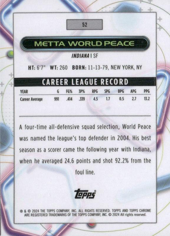 2023 Topps Chrome Cosmic Metta World Peace #52 Indiana Pacers