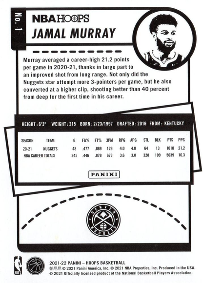 2021 Panini Hoops Jamal Murray #1 Denver Nuggets