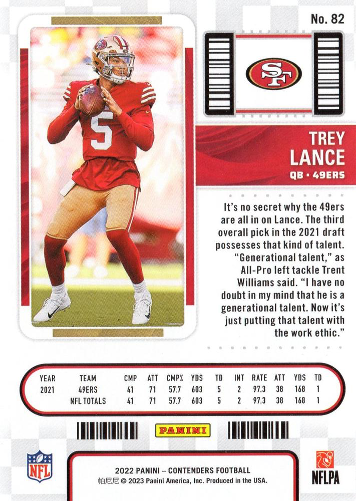 2022 Panini Contenders Trey Lance #82 San Francisco 49ers