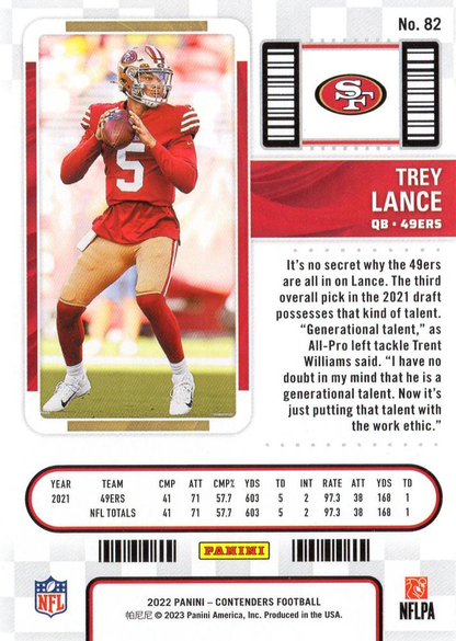 2022 Panini Contenders Trey Lance #82 San Francisco 49ers
