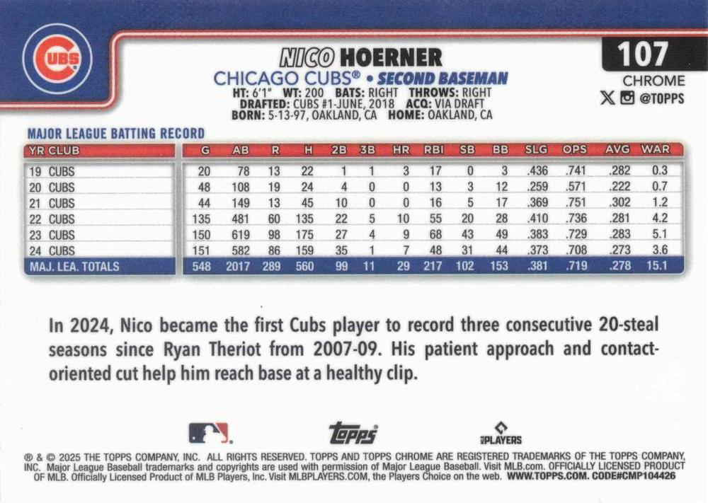 2025 Topps Chrome MLB Nico Hoerner #107 Chicago Cubs