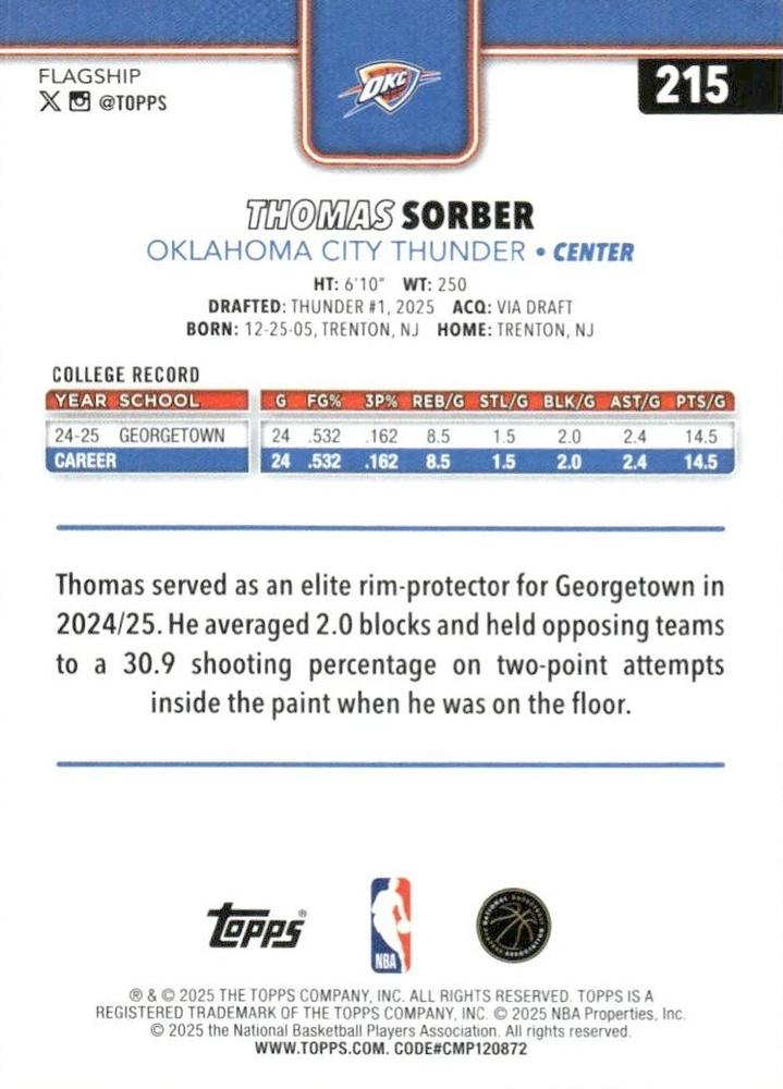 2025 Topps NBA Thomas Sorber RC #215 Oklahoma City Thunder