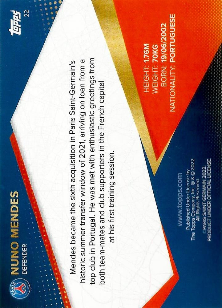 2021 Topps PSG Team Set RC Nuno Mendes #22 Paris Saint-Germain