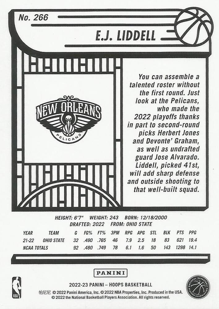 2022 Panini Hoops E.J. Liddell RC #266 New Orleans Pelicans