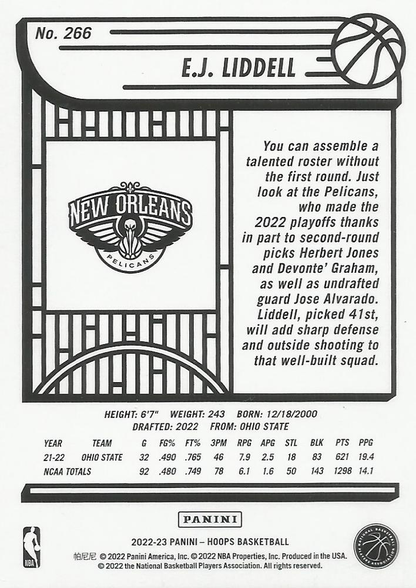2022 Panini Hoops E.J. Liddell RC #266 New Orleans Pelicans