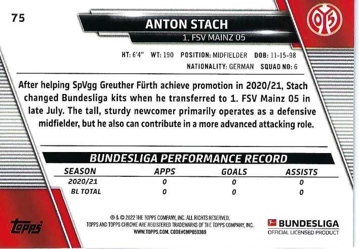 2021 Topps Chrome Bundesliga Anton Stach RC #75 1. FSV Mainz 05