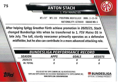 2021 Topps Chrome Bundesliga Anton Stach RC #75 1. FSV Mainz 05