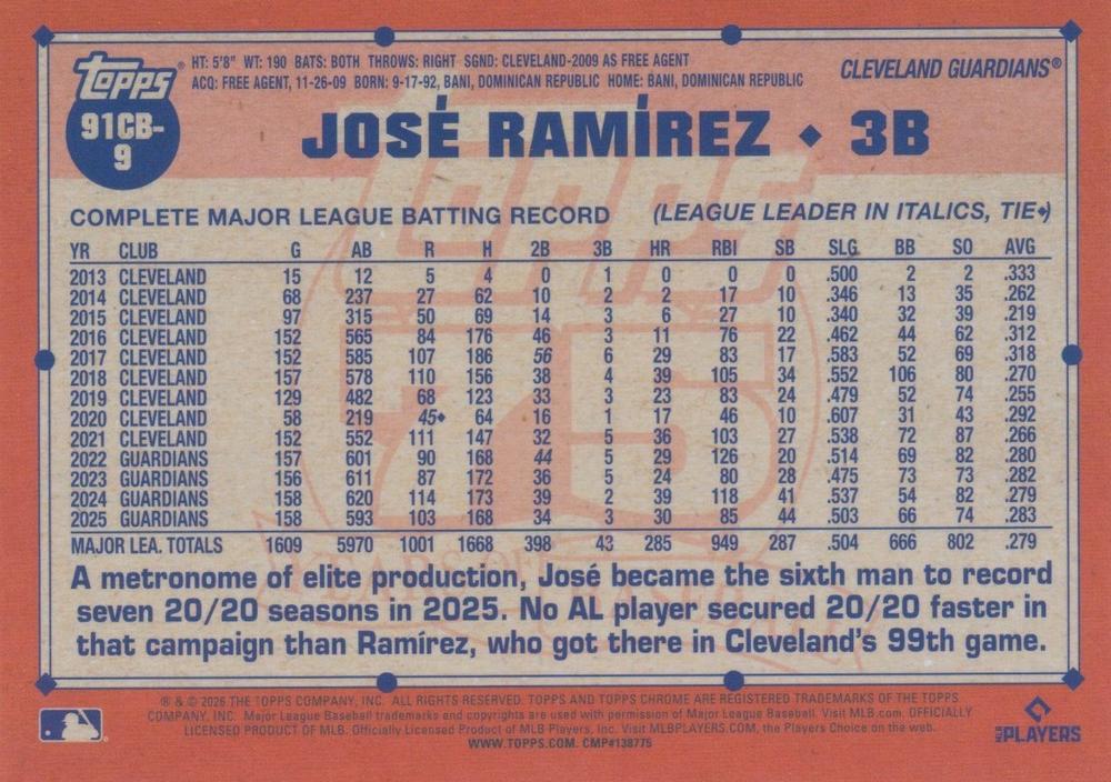 2026 Topps Chrome 1991 35th José Ramírez #91CB-9 Cleveland Guardians