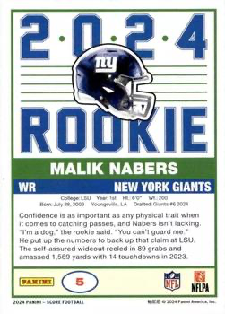 2024 Panini Score Football 35th Anniversary Rookies Malik Nabers New York Giants #5 RC