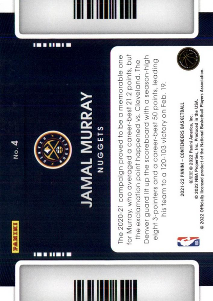 2021 Panini Contenders Game Night Ticket Jamal Murray #4 Denver Nuggets