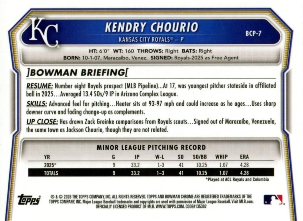 2026 Topps Bowman Chrome Prospects Kendry Chourio #BP-7 Kansas City Royals
