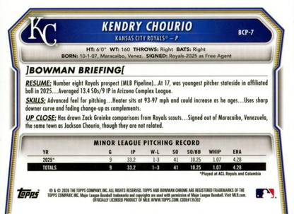 2026 Topps Bowman Chrome Prospects Kendry Chourio #BP-7 Kansas City Royals
