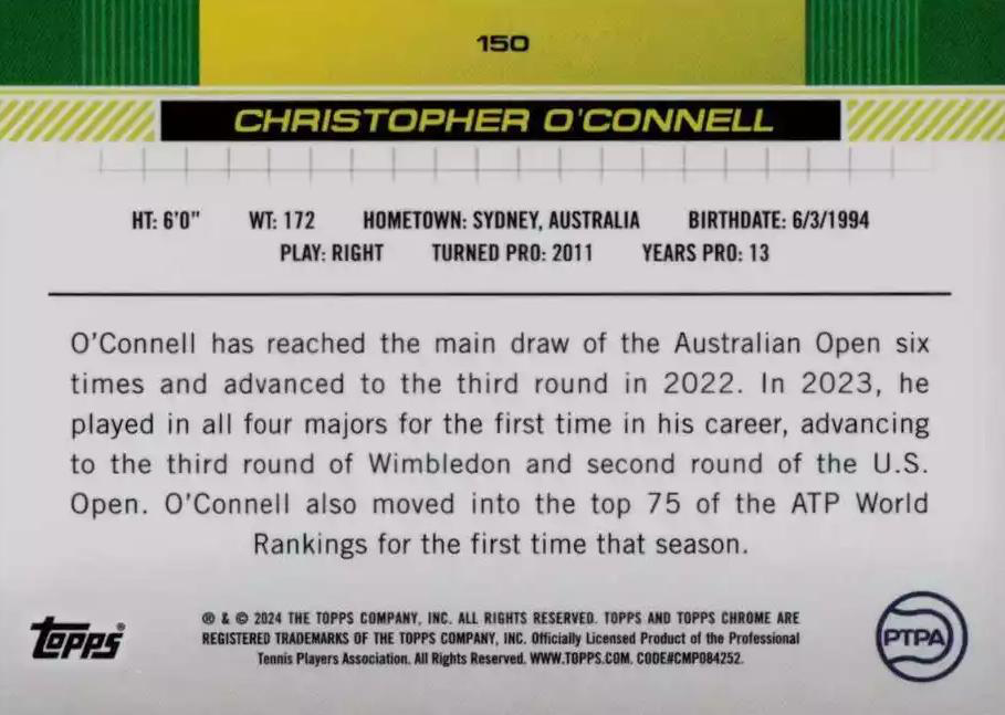 2024 Topps Chrome Tennis Sepia Christopher O'Connell RC #150