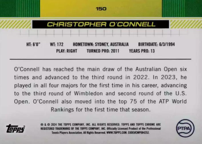 2024 Topps Chrome Tennis Sepia Christopher O'Connell RC #150
