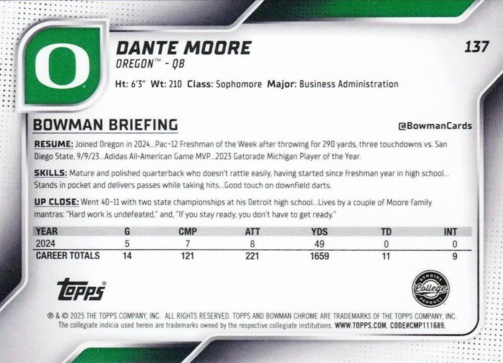 2025 Topps Bowman U Chrome Dante Moore #137 Oregon Ducks