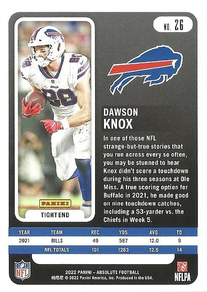 2022 Panini Absolute Dawson Knox #26 Buffalo Bills
