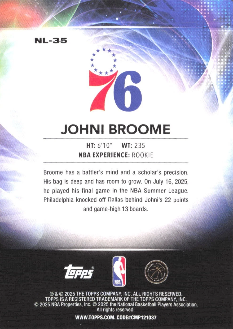 2025 Topps NBA No Limit Johni Broome NL-35 Philadelphia 76ers