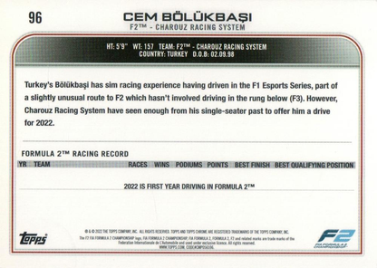 2022 Topps Chrome Formula 1 Black & White RayWave Cem Bölükbaşi #96 Charouz Racing System